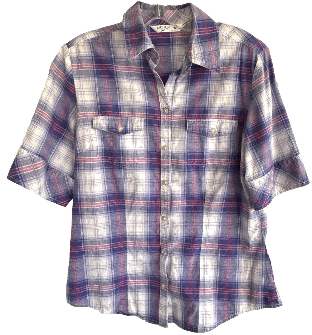 RIDERS BY LEE Women S Button Up Short Tab Sleeve Shirt Plaid Pockets Cotton